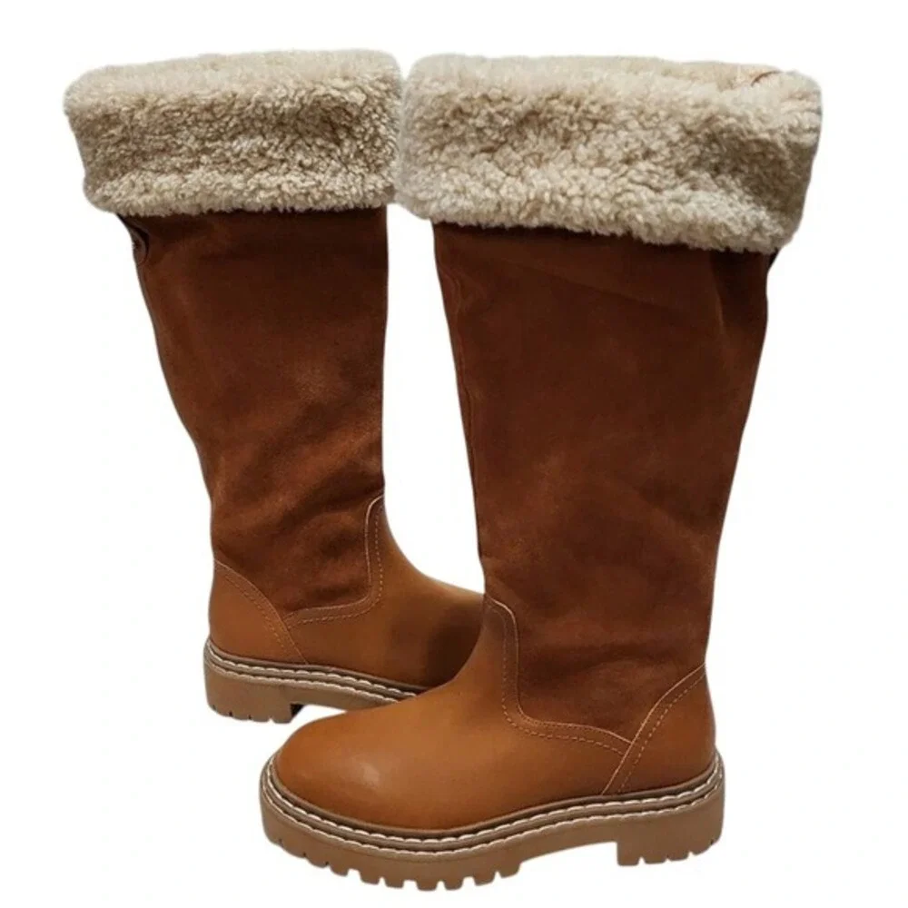 Splendid Antonia ‎ Cognac Brown Tall Knee High Boots Faux Fur Cuff Lug Sole 7.5